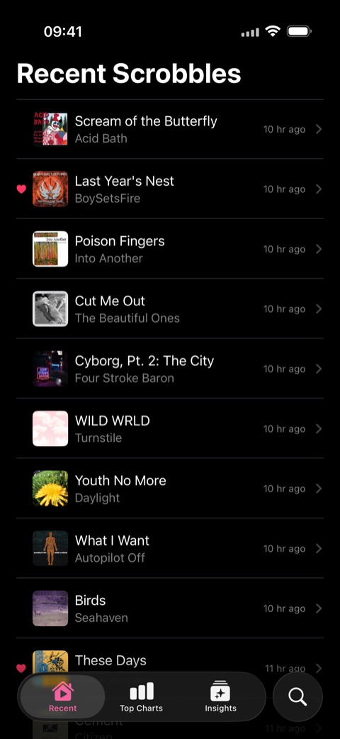 Recent Scrobbles screen