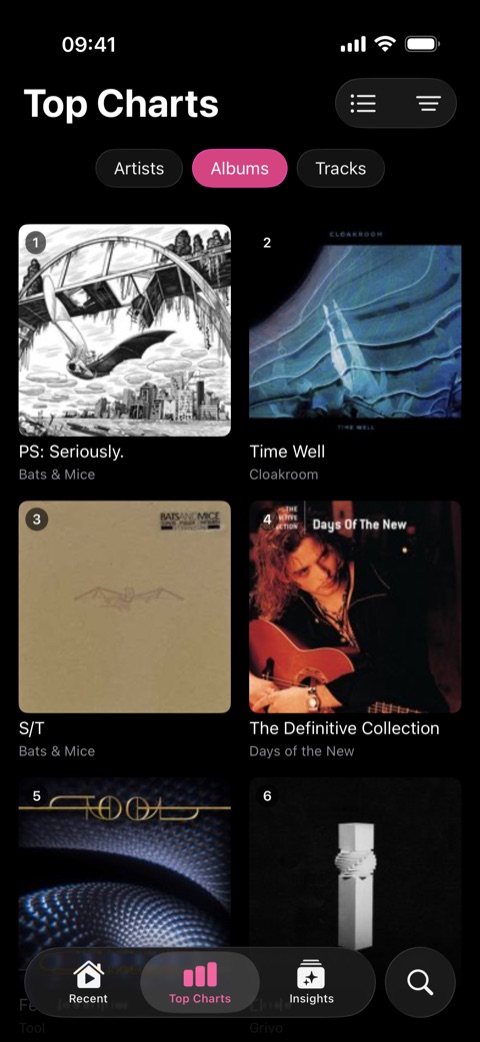 Top Charts screen showing albums as a gallery